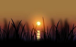 paesaggio al tramonto silhouette erba con riflesso del sole sull'acqua vettore