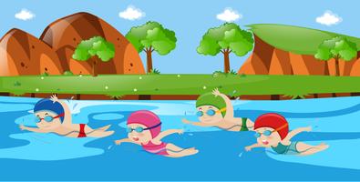 Scena con quattro bambini che nuotano nel fiume vettore