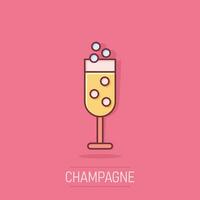 Champagne bicchiere icona nel comico stile. alcool bevanda vettore cartone animato illustrazione su isolato sfondo. cocktail spruzzo effetto attività commerciale concetto.