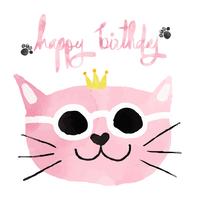 gatto divertente rosa acquerello con carta di buon compleanno corona vettore