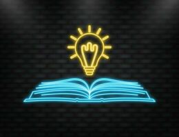 idee libro su leggero lampadina. energia di conoscenza cartello. vettore illustrazione.