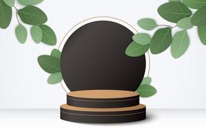 podio cilindrico in legno a sfondo nero con foglie vettore
