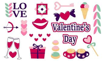 impostato di San Valentino giorno simboli, cartolina, cuore, iscrizione amore, bandiera modello vettore illustrazione.