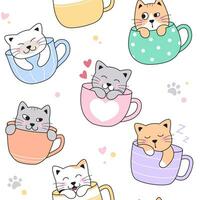 carino gatti, gattini nel Tè, caffè tazze, tazze. senza soluzione di continuità modello, sfondo. dormendo, nascondersi, felice, amore animali domestici. semplice cartone animato vettore disegni.