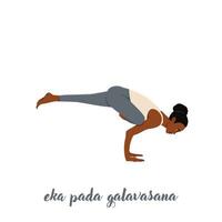 donna fare yoga, pilates, fitness addestramento, asana eka pada Galavasana, volante Piccione o volante corvo posa, con una gamba sola equilibrio. vettore