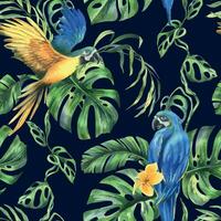 tropicale palma foglie, Monstera e fiori di plumeria, ibisco, luminosa succoso con blu-giallo ara pappagallo. mano disegnato acquerello botanico illustrazione. senza soluzione di continuità modello su il buio sfondo vettore