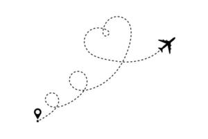 amore aereo percorso. aereo con cuore forma tratteggiata traccia, romantico nozze viaggio carta geografica decorazione. romanza viaggio vettore concetto con volante aereo