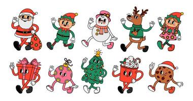 Natale Groovy carattere. cartone animato retrò 30-s natale e nuovo anno dinamico vacanza personaggi. 70s Vintage ▾ stile Santa Claus con divertente elfi, carino pupazzo di neve, cervo vettore impostato