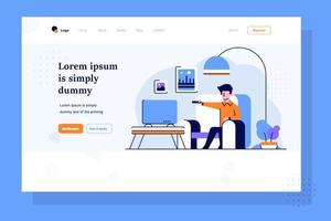 landing page business un uomo rilassati e guarda la tv attività vacanza fuori dal lavoro stile di design piatto e delineato vettore