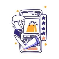 il cliente fornisce la recensione del prodotto e stelle il mercato online dell'applicazione per smartphone illustrazione del concetto in uno stile di design disegnato a mano di contorno vettore