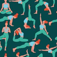 donne che esercitano il modello senza cuciture di vettore di tendenza di colore piatto di yoga su verde. fare pratica di meditazione yoga in stile cartone animato. sfondo di allenamento di esercizio. immagini di attività di fitness mattutine stile di vita sano.