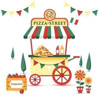 carrello pizza street food. illustrazione vettoriale colorato, stile cartone animato, sul paesaggio italiano.