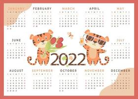2022. Calendario tigre per bambini 2022 con simpatici animali. simbolo della tigre del nuovo anno 2022. illustrazione vettoriale