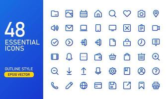 una raccolta di icone essenziali usate di frequente. adatto per elementi di design di ui e ux. icona essenziale impostata in stile contorno. vettore