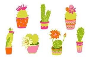 i cactus in vasi luminosi colorano l'illustrazione di scarabocchio vettore