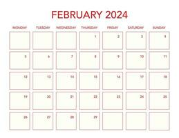 febbraio 2024 semplice calendario orizzontale vettore