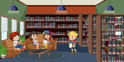 interno della biblioteca scolastica con gruppo di bambini vettore