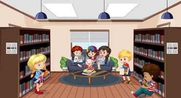 bambini che leggono libri nella biblioteca scolastica vettore