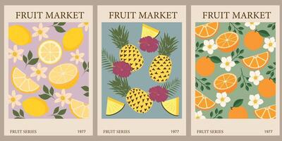 retrò astratto frutta mercato manifesti. di moda galleria parete arte con ananas, Limone, arancia. moderno ingenuo Groovy impaurito interno decorazioni, quadri. vettore arte illustrazione