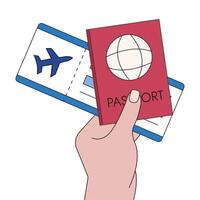 il mano di il turista detiene un' passaporto e un' aereo biglietto. in viaggio su vacanza vettore