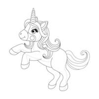 mano disegnato unicorno pony isolato su bianca sfondo. cartone animato vettore illustrazione per colorazione libro o colorazione pagina.