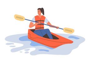 sostenibile turismo, ecoturismo, eco-friendly ricreazione. ragazza nel assolo canoa canottaggio con pagaia su acqua. piatto vettore illustrazione.