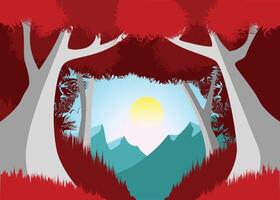 bellissimo cartone animato fantasia paesaggio con tramonto o Alba nel un' magico rosso albero foresta vettore