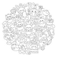 vettore Pasqua il giro linea colorazione pagina per bambini con carino kawaii personaggi. nero e bianca primavera vacanza illustrazione con divertente coniglietto, pulcini, animali, uova, fiori incorniciato nel cerchio
