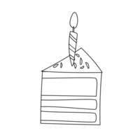 fetta di compleanno torta con candele, scarabocchio nero e bianca vettore illustrazione di un' pezzo di dolce trattare.