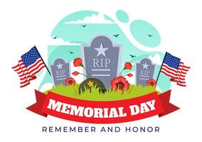 memoriale giorno di ricorda e onore vettore illustrazione con americano bandiera e nastro per meritorio soldato nel piatto cartone animato sfondo