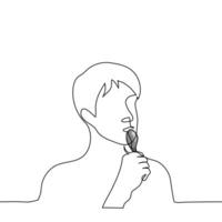 maschio ritratto con cucchiaio nel bocca - uno linea disegno vettore. concetto fame, leccare un' cucchiaio vettore