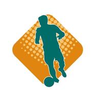 silhouette di un' maschio calcio giocatore calciando un' sfera. silhouette di un' calcio giocatore nel azione posa. vettore