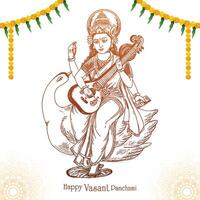 disegnare a mano il dio indiano saraswati maa su vasant panchami card design vettore