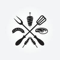 barbeque ristorante logo modello combinato con spatola di Manzo bistecca, salsiccia, kebab e satay vettore