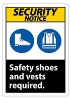segnale di avviso di sicurezza scarpe antinfortunistiche e giubbotto richiesti con simboli dpi su sfondo bianco, illustrazione vettoriale