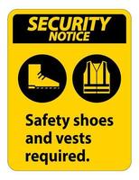 segnale di avviso di sicurezza scarpe antinfortunistiche e giubbotto obbligatori con simboli PPE su sfondo bianco vettore