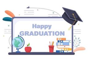 giorno di laurea virtuale online degli studenti che celebrano l'illustrazione vettoriale di sfondo indossando abiti accademici, berretto da laurea e diploma in possesso di comunicare tramite video