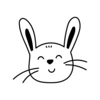 viso carino di un coniglietto sorridente isolato su sfondo bianco. illustrazione vettoriale disegnata a mano in stile doodle. adatto per disegni pasquali, cartoline, decorazioni.