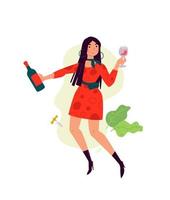 illustrazione di una ragazza in un vestito con un bicchiere di vino. vettore. una donna celebra una vacanza, beve vino e balla. riposo e festa. divertimento tutta la notte. una signora un po' ubriaca, senza complessi.