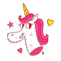 illustrazione di un simpatico unicorno con una criniera rosa. vettore. la testa lacerata di un unicorno vivente. modello per tessuto, abbigliamento o carta da imballaggio. personaggio ironico kawaii. vettore