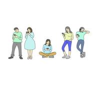 cinque persone che utilizzano lo smartphone illustrazione vettoriale isolato su sfondo bianco