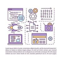 modello di vettore della pagina dell'articolo di sviluppo software. programmazione siti web. brochure, rivista, elemento di design opuscolo con icone lineari e caselle di testo. disegno di stampa. illustrazioni concettuali con spazio di testo