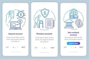 tipi di account modello di vettore della schermata della pagina dell'app mobile onboarding. pensione, conti non residenti. procedura dettagliata del sito Web con illustrazioni lineari. ux, ui, gui concetto di interfaccia per smartphone