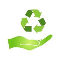 mano con icona semplice segno di riciclaggio verde sulla confezione e sulla scatola del prodotto vettore