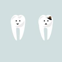 dente con e senza carie, denti divertenti con espressioni facciali, un dente sano e dolorante che richiede un trattamento, illustrazione vettoriale