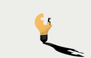 attività commerciale idea, creatività concetto, uomo d'affari ricerca per sega puzzle per completare leggero lampadina, vettore illustrazione.