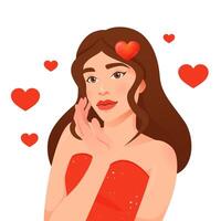 contento San Valentino giorno. giovane allegro contento ragazza con lungo capelli con rosso cuori decorazioni. rosso vestito passione personaggio nel cartone animato stile. vettore illustrazione isolato su bianca sfondo.