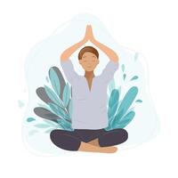 donna Meditare nel natura e le foglie. concetto illustrazione per yoga, meditazione, relax, ricreazione, salutare stile di vita. vettore illustrazione nel piatto cartone animato stile.