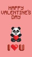 san valentino giorno saluto carta con un' giocattolo panda orso Tenere un' rosso cuore. pixel arte stile vettore