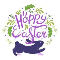 contento Pasqua lettering e coniglio cartolina. Pasqua design con tipografia, coniglietti, fiori, coniglietto orecchie coniglietti, floreale scarabocchio. popolare stile fantasia design. moderno minimo stile. vettore illustrazione.